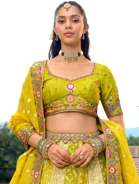 Ethnic Pista Green Fancy Silk An Net Hevay Embroidery Lehenga Choli