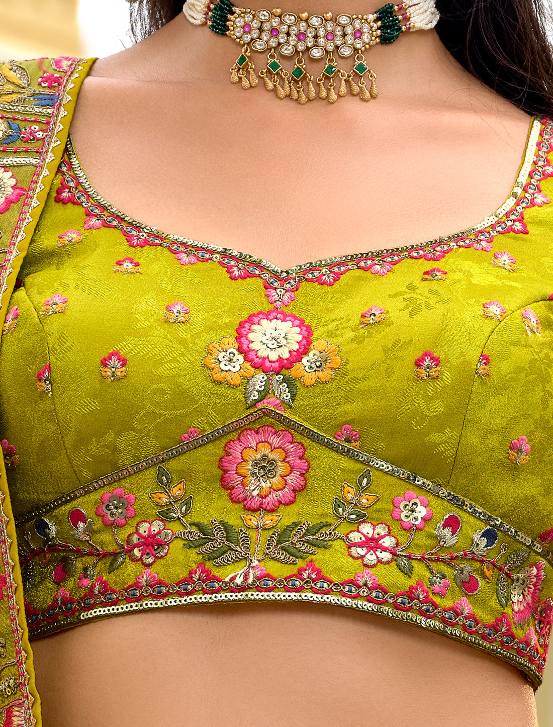 Ethnic Pista Green Fancy Silk An Net Hevay Embroidery Lehenga Choli