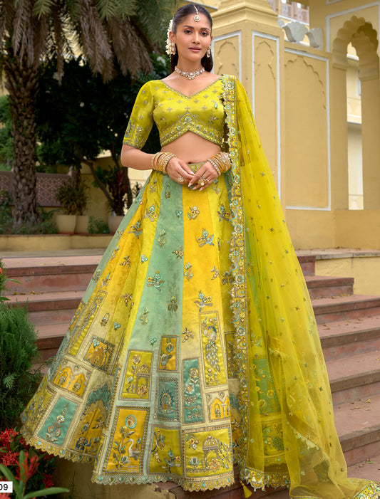 Bright Green Fancy Silk An Net Hevay Embroidery Designer Lehenga Choli