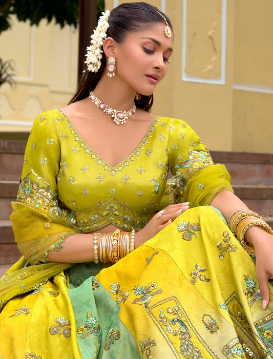 Bright Green Fancy Silk An Net Hevay Embroidery Designer Lehenga Choli