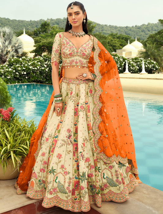 Ethnic Beige & Orange Silk Embroidery Cut Border Weaving Butti Art Lehenga Choli