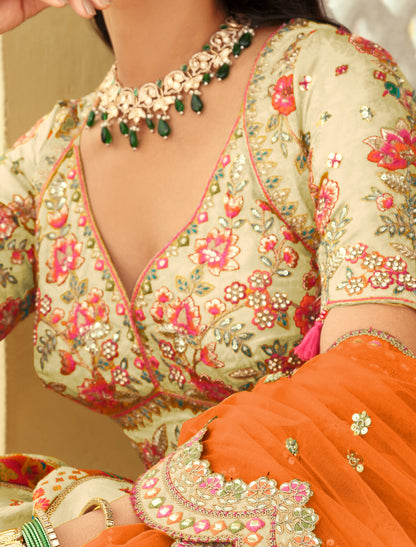 Ethnic Beige & Orange Silk Embroidery Cut Border Weaving Butti Art Lehenga Choli