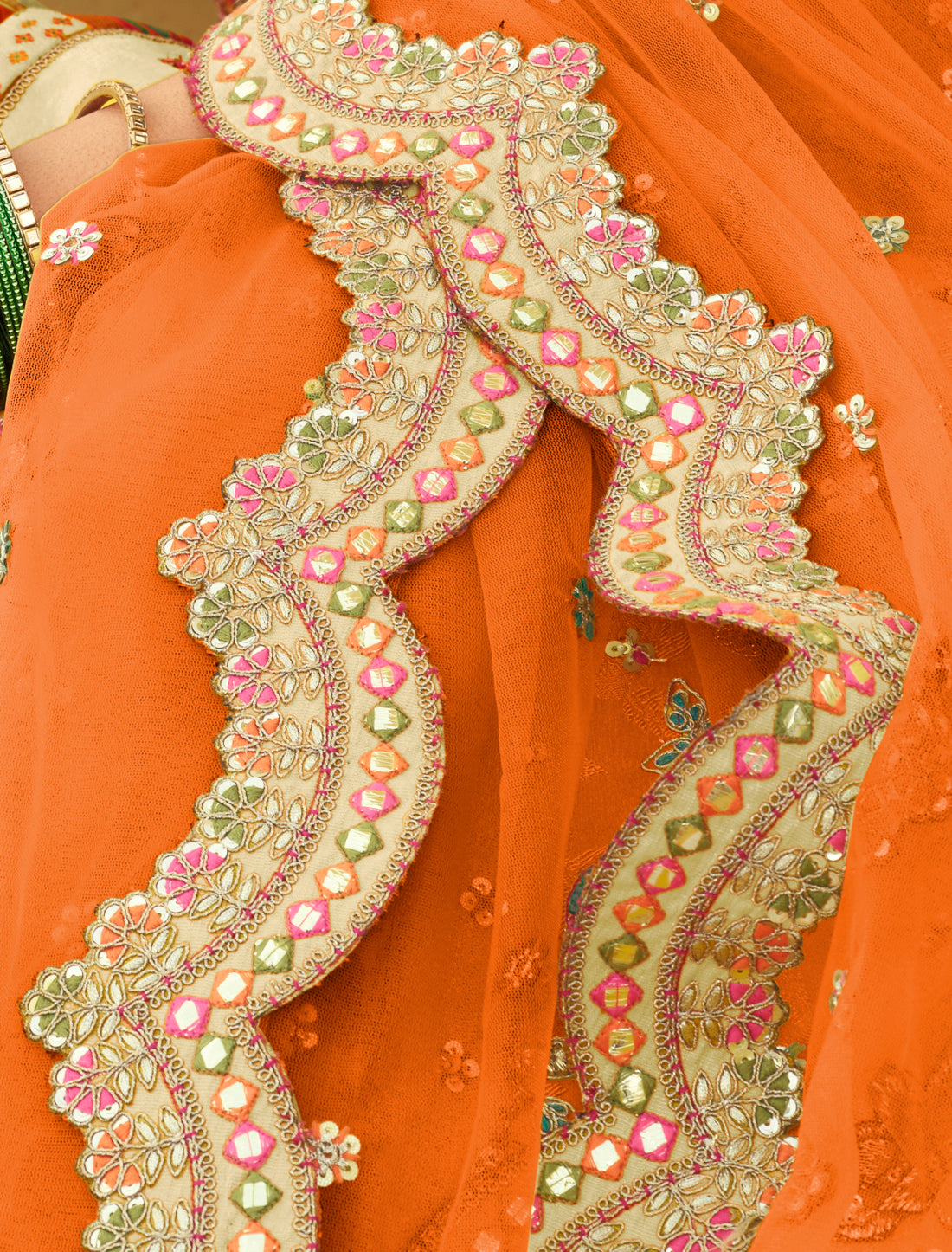 Ethnic Beige & Orange Silk Embroidery Cut Border Weaving Butti Art Lehenga Choli