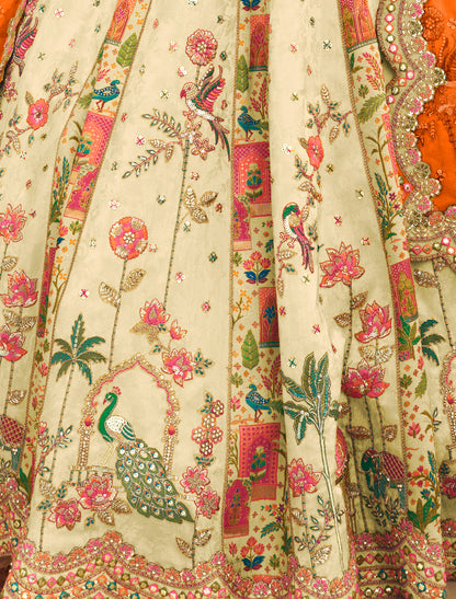 Ethnic Beige & Orange Silk Embroidery Cut Border Weaving Butti Art Lehenga Choli