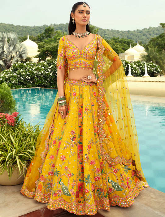 Yellow Silk Embroidery Cut Border Weaving Butti Art Ethnic Lehenga Choli