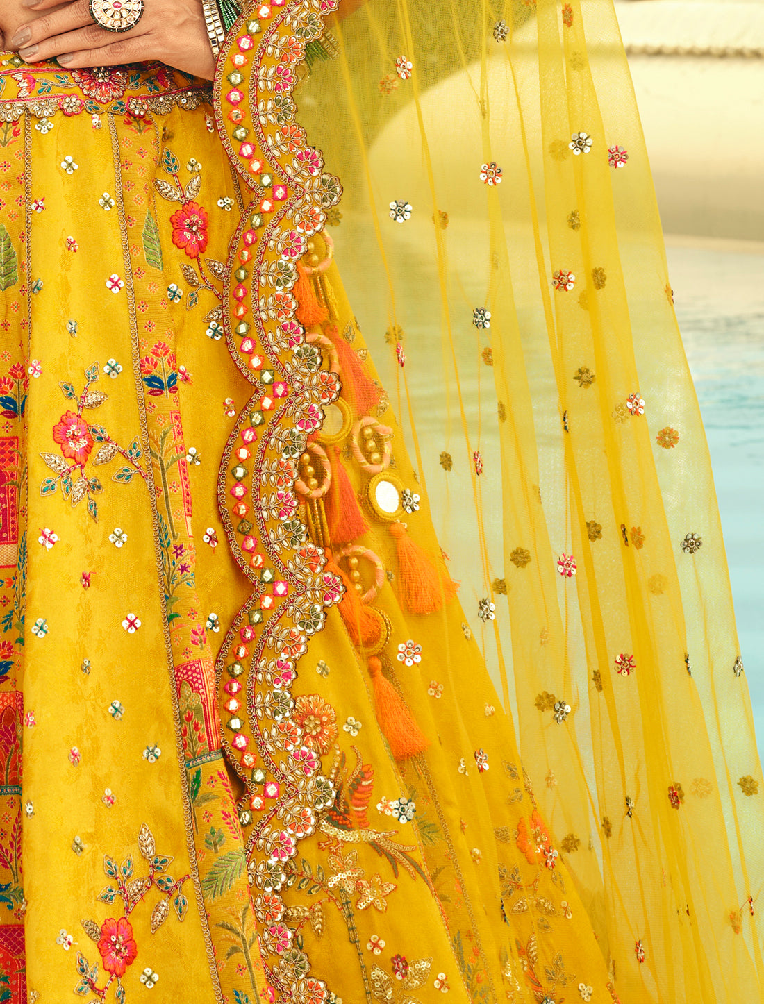 Yellow Silk Embroidery Cut Border Weaving Butti Art Ethnic Lehenga Choli