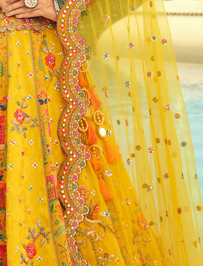 Yellow Silk Embroidery Cut Border Weaving Butti Art Ethnic Lehenga Choli