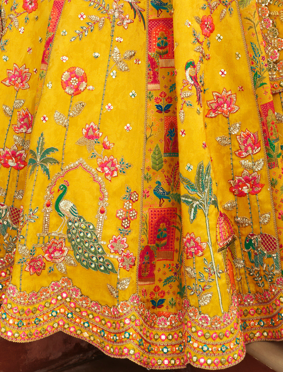 Yellow Silk Embroidery Cut Border Weaving Butti Art Ethnic Lehenga Choli