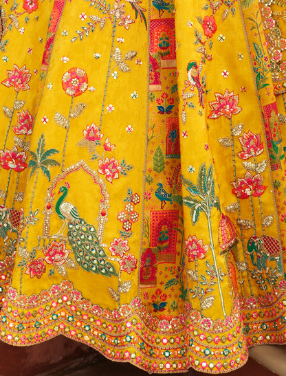 Yellow Silk Embroidery Cut Border Weaving Butti Art Ethnic Lehenga Choli