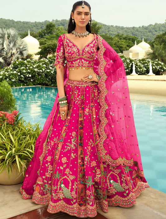 Ethnic Dark Pink Silk Embroidery Cut Border Weaving Butti Art Lehenga Choli