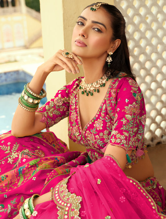 Ethnic Dark Pink Silk Embroidery Cut Border Weaving Butti Art Lehenga Choli