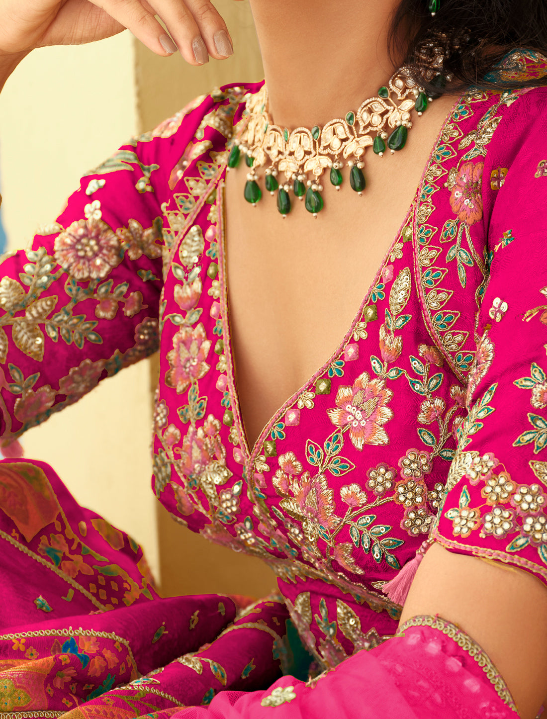 Ethnic Dark Pink Silk Embroidery Cut Border Weaving Butti Art Lehenga Choli