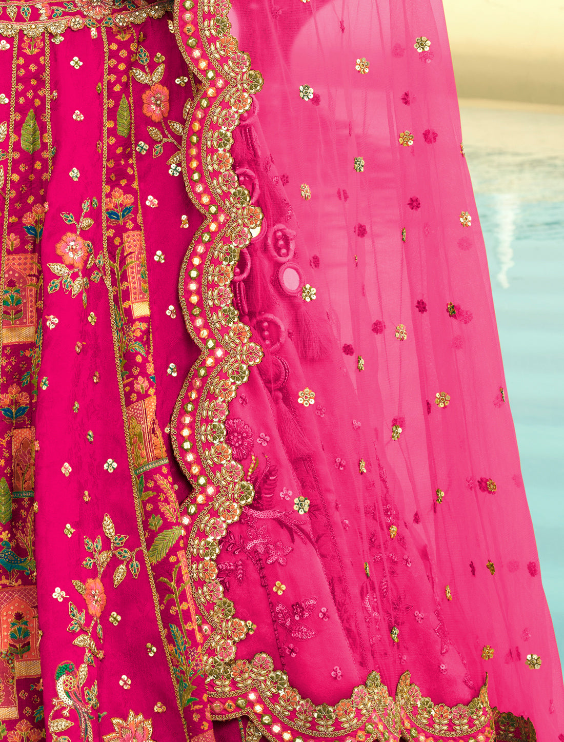 Ethnic Dark Pink Silk Embroidery Cut Border Weaving Butti Art Lehenga Choli