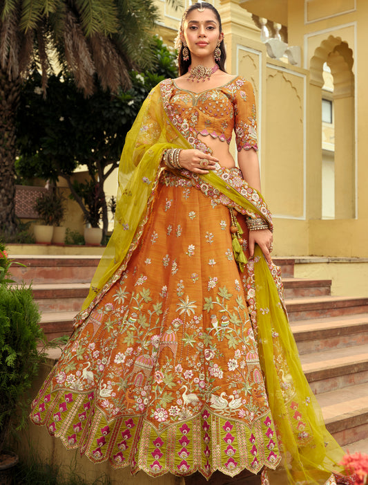 Ethnic Brown & Green Silk Embroidery Cut Border Weaving Butti Art Lehenga Choli