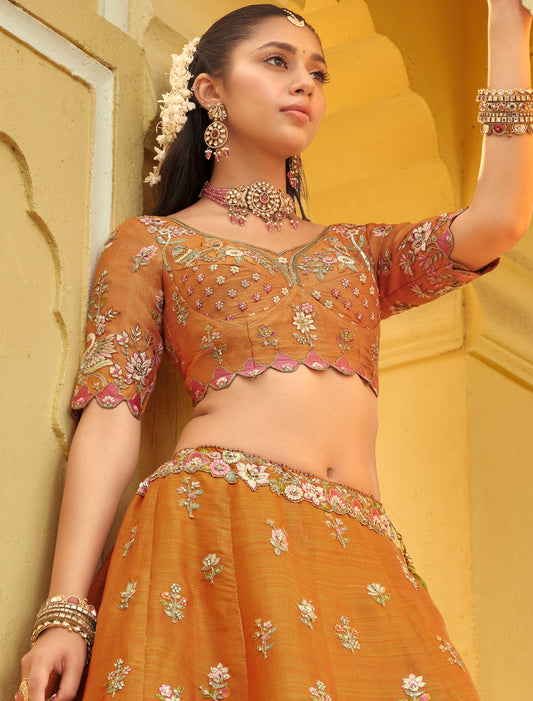 Ethnic Brown & Green Silk Embroidery Cut Border Weaving Butti Art Lehenga Choli