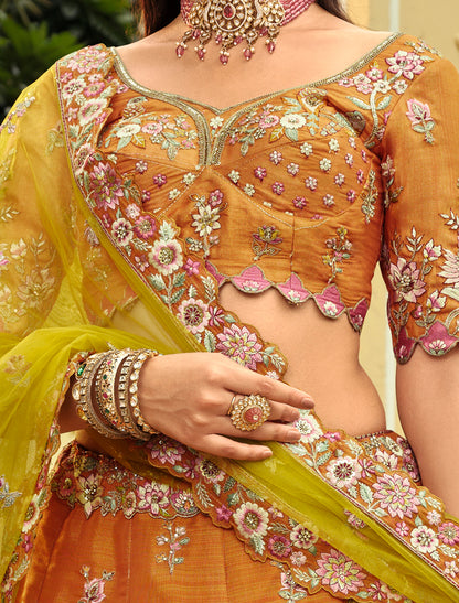 Ethnic Brown & Green Silk Embroidery Cut Border Weaving Butti Art Lehenga Choli