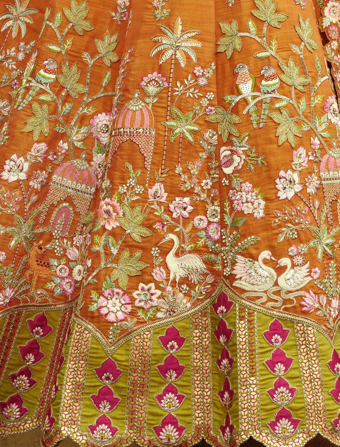 Ethnic Brown & Green Silk Embroidery Cut Border Weaving Butti Art Lehenga Choli