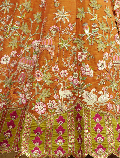 Ethnic Brown & Green Silk Embroidery Cut Border Weaving Butti Art Lehenga Choli
