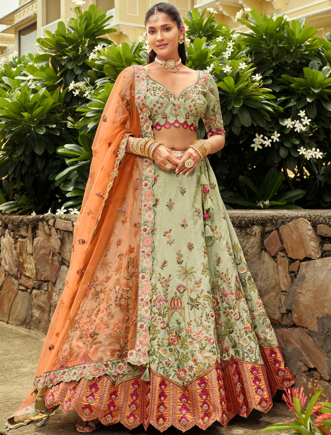 Teal Blue & Orange Silk Embroidery Cut Border Weaving Butti Art Lehenga Choli