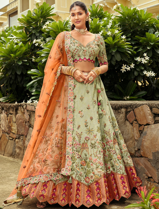 Teal Blue & Orange Silk Embroidery Cut Border Weaving Butti Art Lehenga Choli