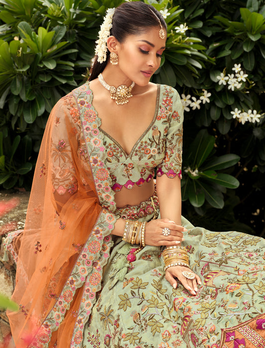 Teal Blue & Orange Silk Embroidery Cut Border Weaving Butti Art Lehenga Choli