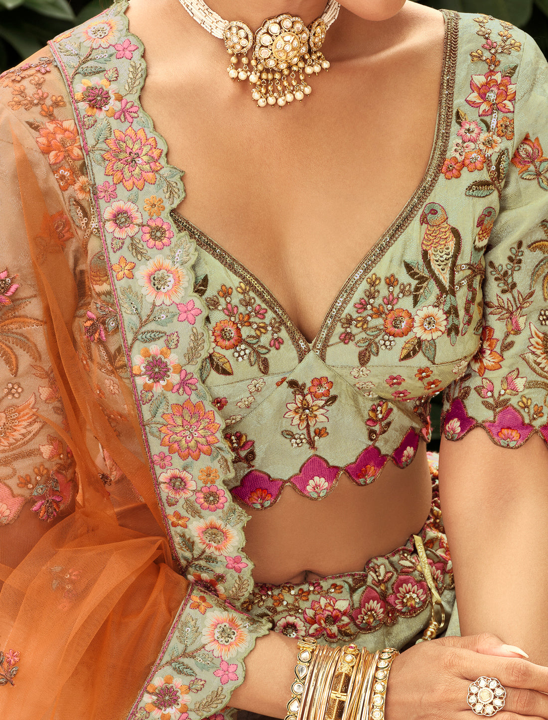 Teal Blue & Orange Silk Embroidery Cut Border Weaving Butti Art Lehenga Choli