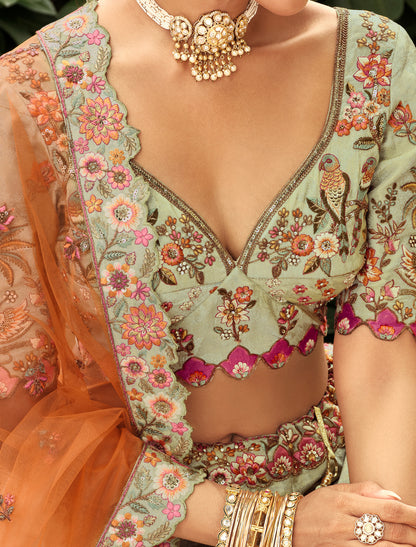 Teal Blue & Orange Silk Embroidery Cut Border Weaving Butti Art Lehenga Choli