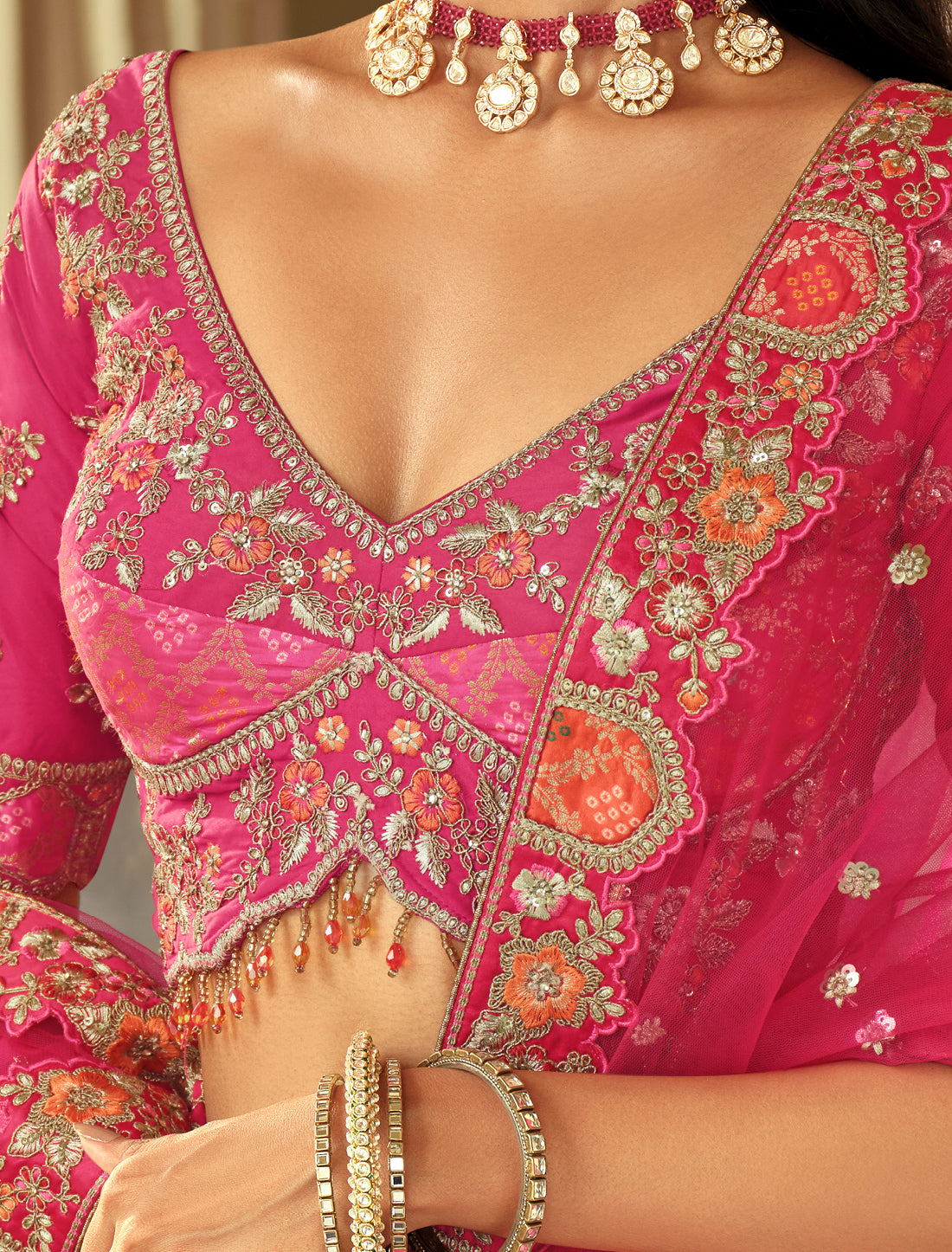Pink & Grey Silk Embroidery Cut Border Weaving Butti Art Lehenga Choli