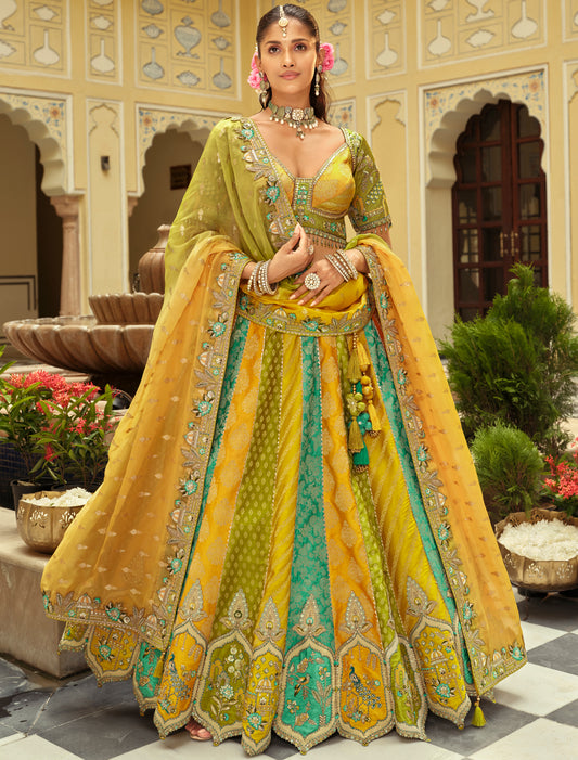 Green Ethnic Silk Embroidery Cut Border Weaving Butti Art Lehenga Choli