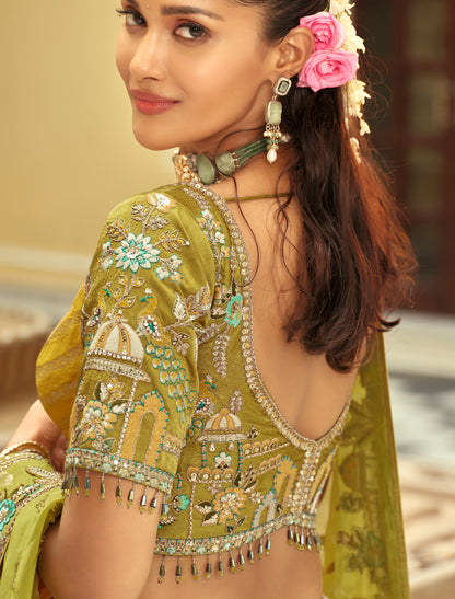 Green Ethnic Silk Embroidery Cut Border Weaving Butti Art Lehenga Choli