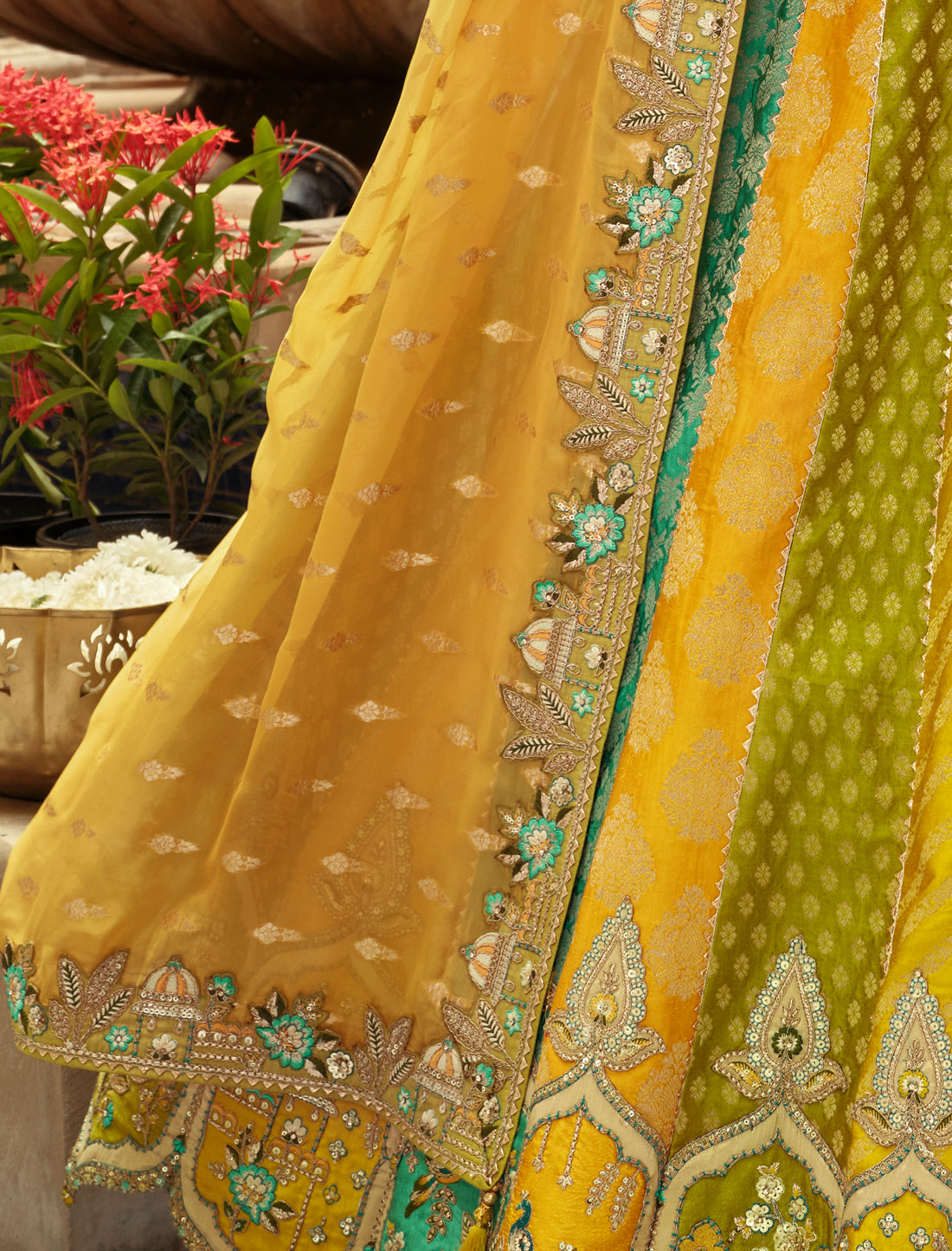 Green Ethnic Silk Embroidery Cut Border Weaving Butti Art Lehenga Choli