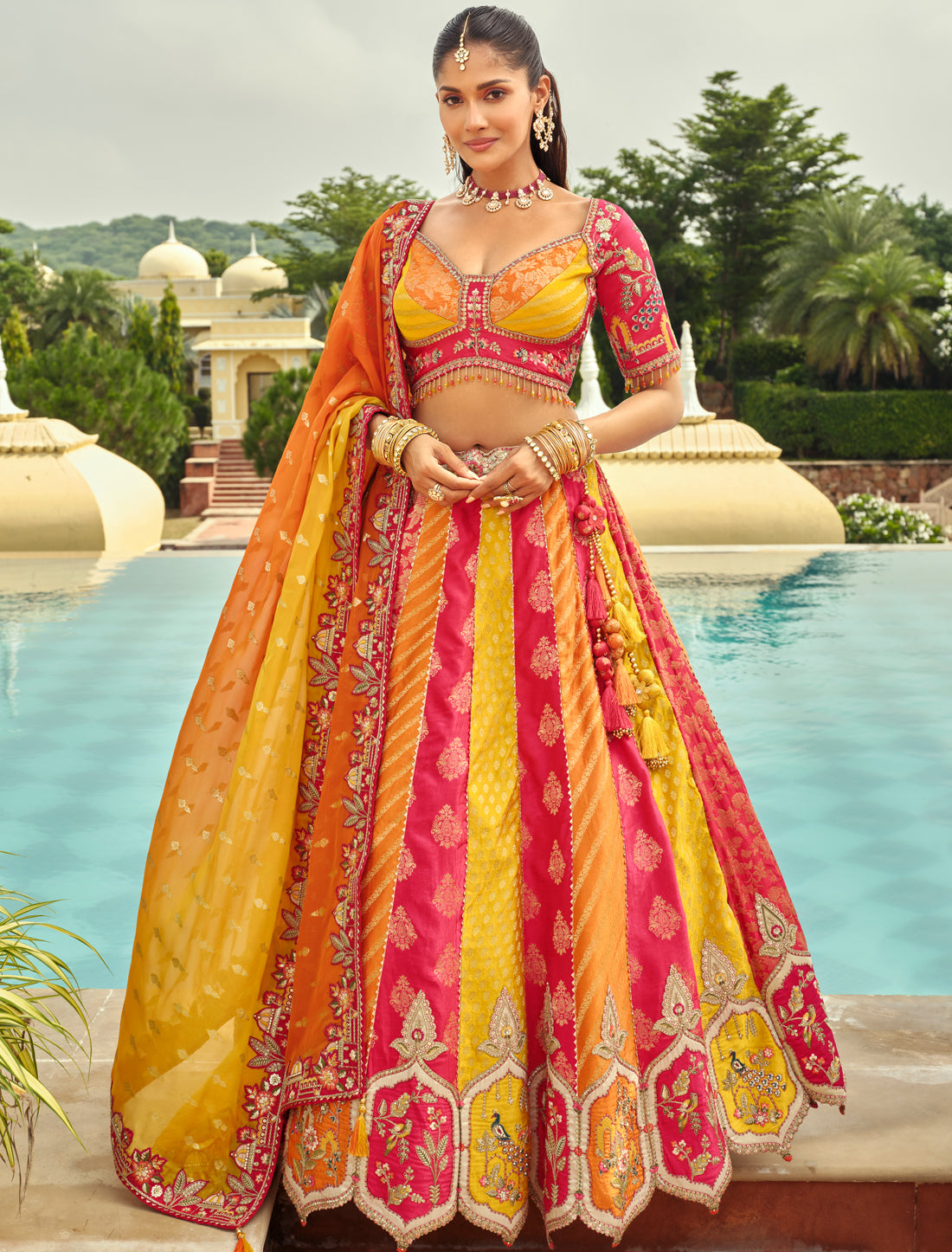 Ethnic Pink & Yellow Silk Embroidery Cut Border Weaving Butti Art Lehenga Choli