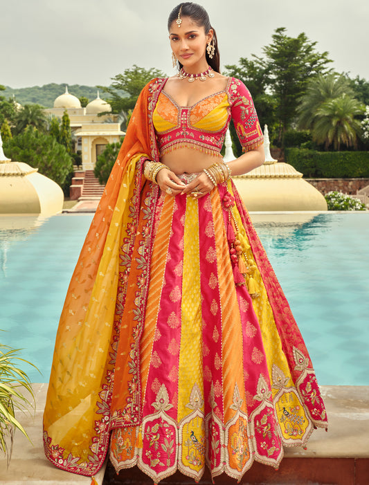 Ethnic Pink & Yellow Silk Embroidery Cut Border Weaving Butti Art Lehenga Choli