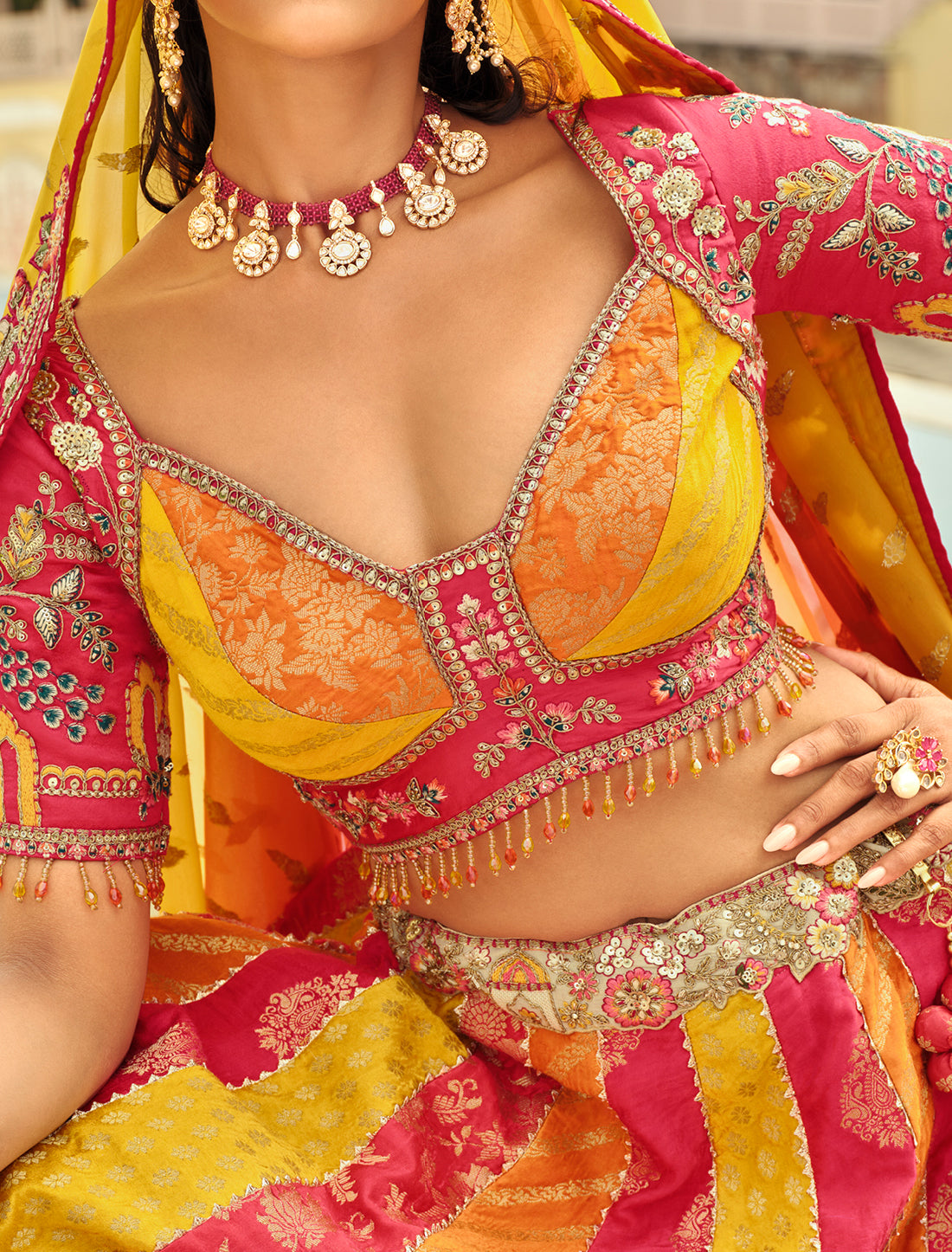 Ethnic Pink & Yellow Silk Embroidery Cut Border Weaving Butti Art Lehenga Choli