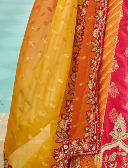 Ethnic Pink & Yellow Silk Embroidery Cut Border Weaving Butti Art Lehenga Choli