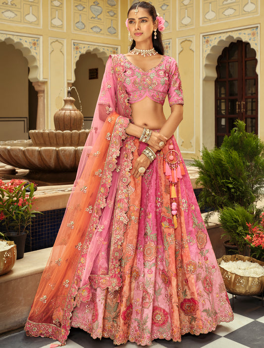 Light Pink Silk Ethnic Embroidery Cut Border Weaving Butti Art Lehenga Choli