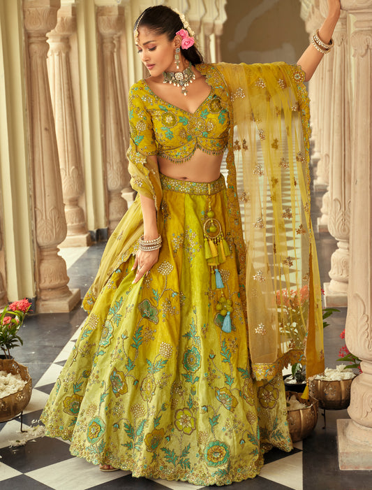 Ethnic Green Silk Embroidery Cut Border Weaving Butti Art Lehenga Choli