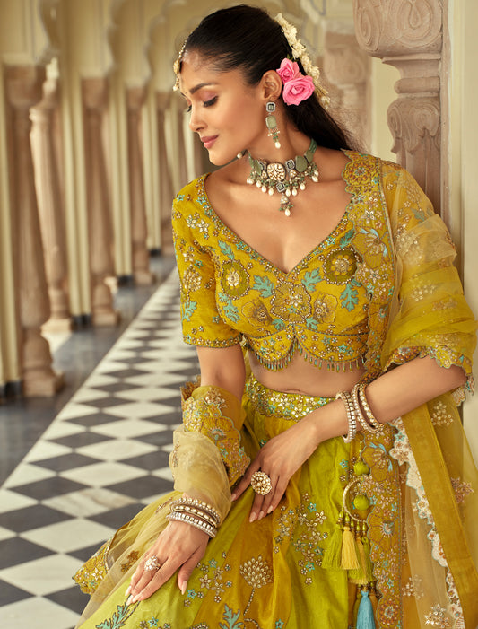 Ethnic Green Silk Embroidery Cut Border Weaving Butti Art Lehenga Choli