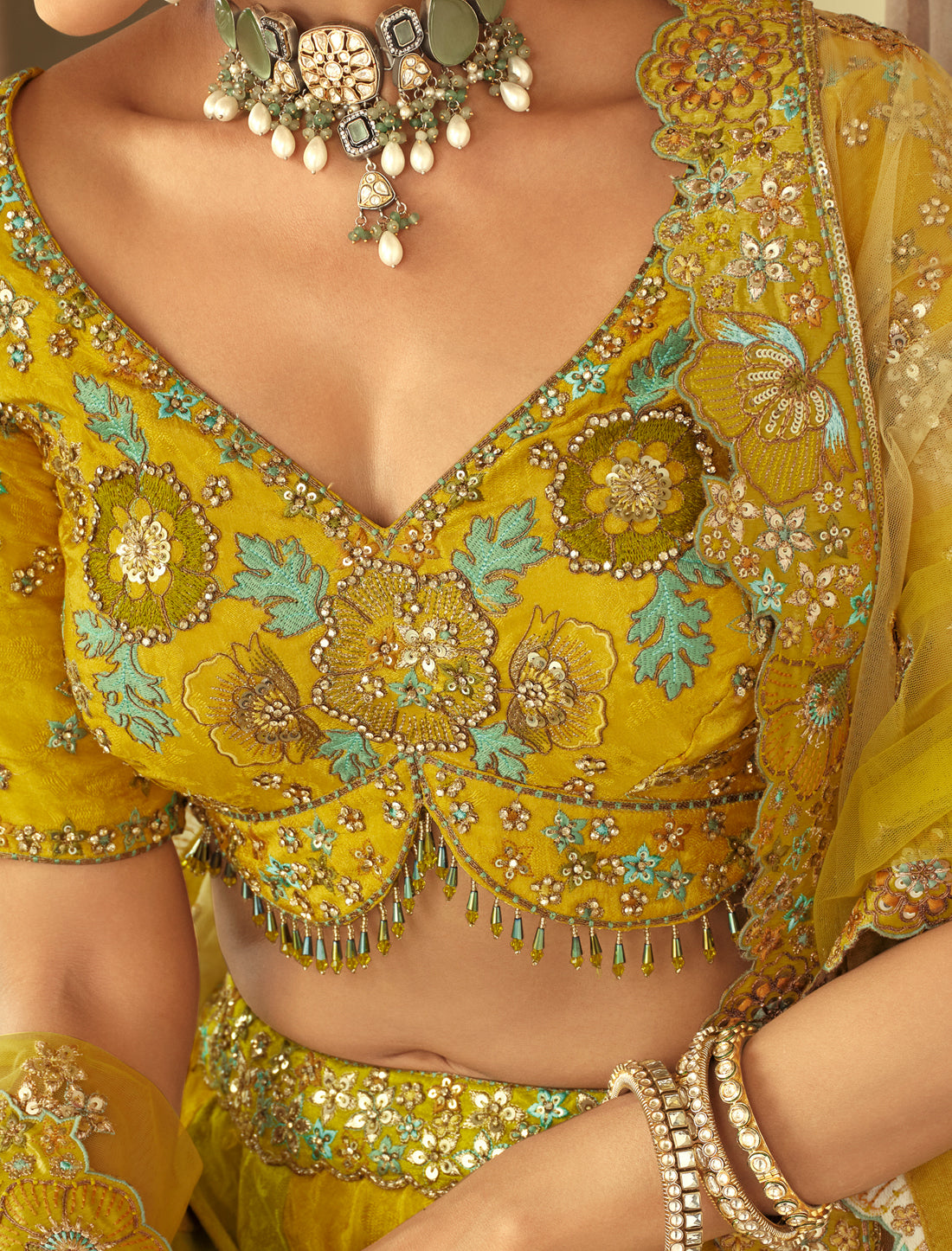 Ethnic Green Silk Embroidery Cut Border Weaving Butti Art Lehenga Choli