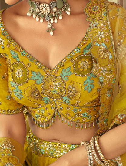 Ethnic Green Silk Embroidery Cut Border Weaving Butti Art Lehenga Choli