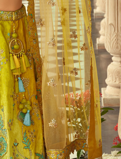 Ethnic Green Silk Embroidery Cut Border Weaving Butti Art Lehenga Choli