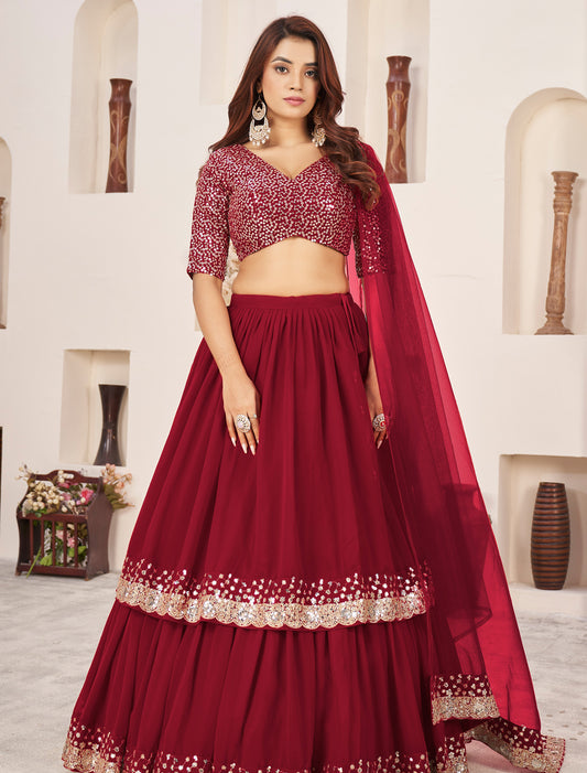 BeFashionate Red Georgette Sequins Zari Embroidery Wedding Lehenga Choli