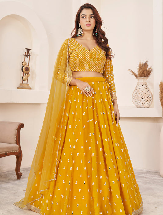 Yellow Georgette Zari Embroidery Wedding Lehenga Choli Dupatta Set