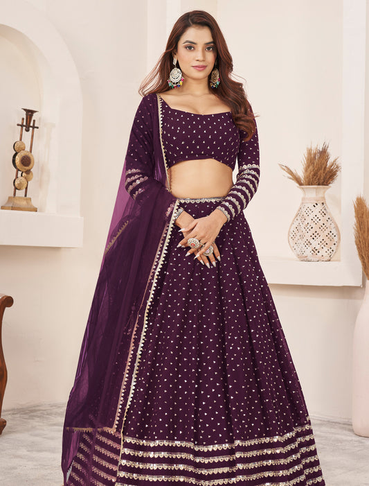Wine Georgette Zari Embroidery Wedding Lehenga Choli Dupatta Set