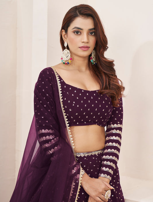 Wine Georgette Zari Embroidery Wedding Lehenga Choli Dupatta Set