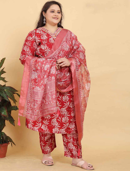 Red Ethnic Premium Lichi Export Quality Hand Work Kurta Sets