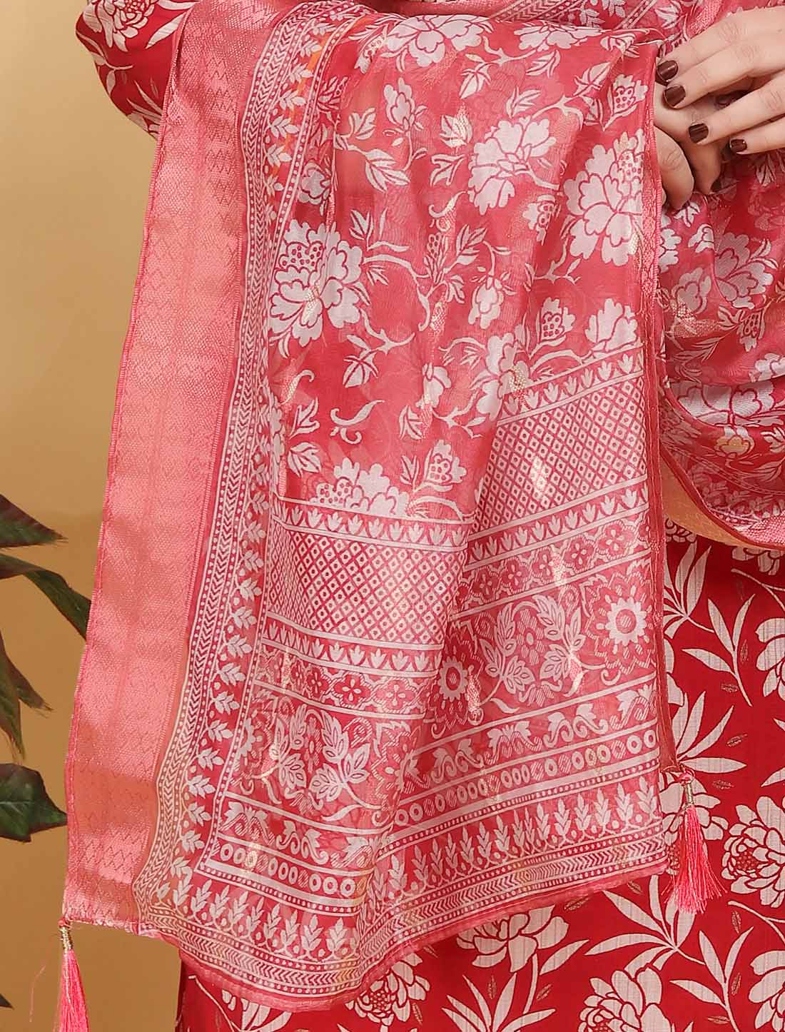 Red Ethnic Premium Lichi Export Quality Hand Work Kurta Sets