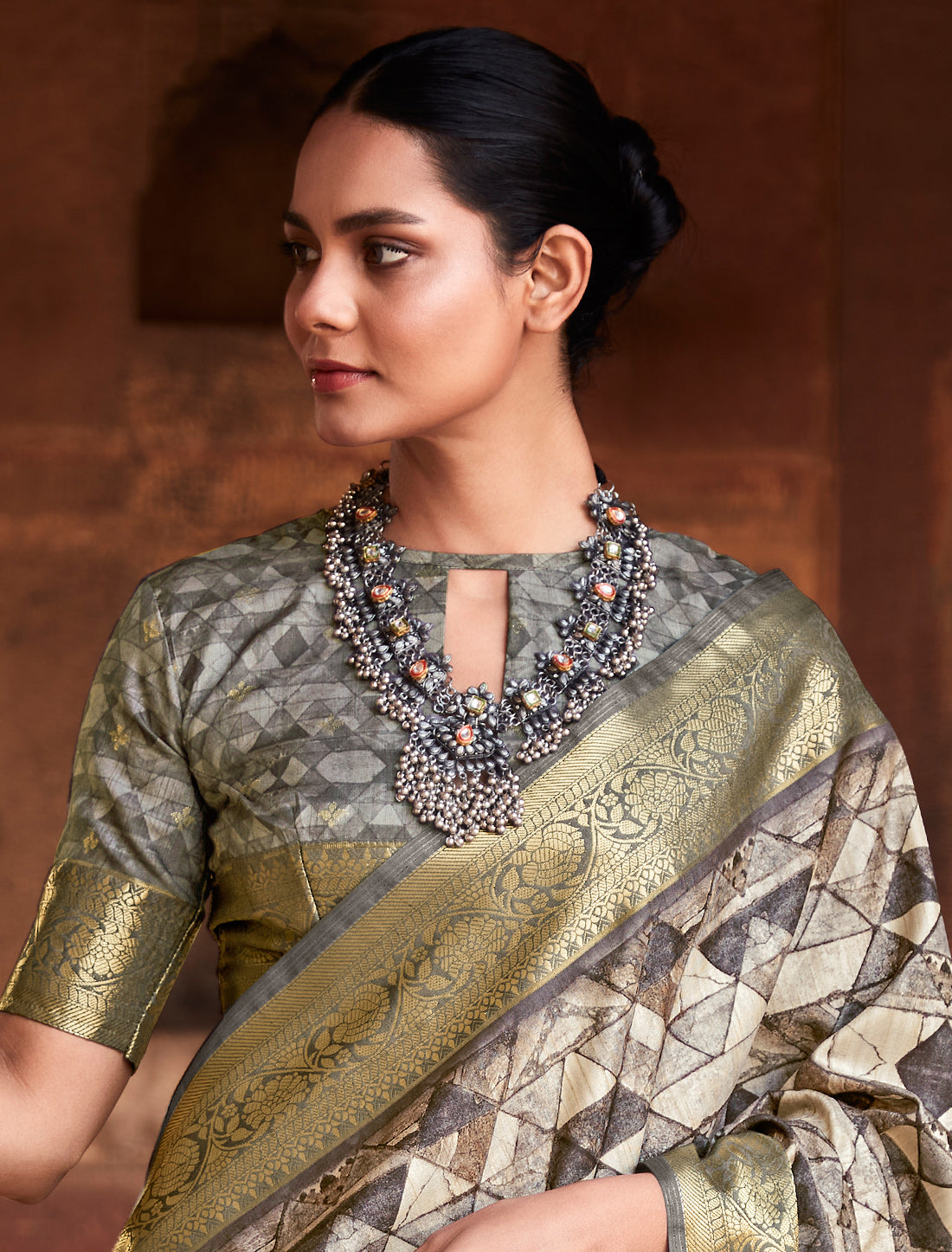 Stone Grey Handloom Silk Party Wear Designer Ethnic Saree