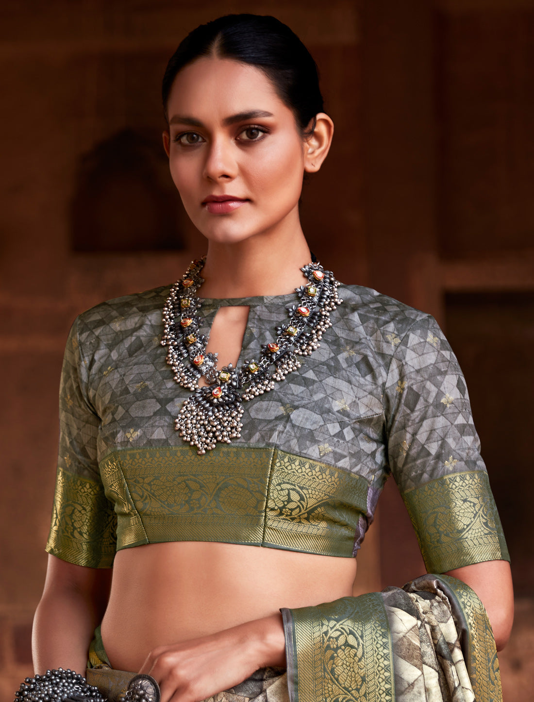 Stone Grey Handloom Silk Party Wear Designer Ethnic Saree