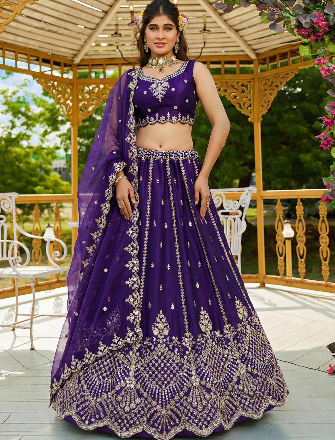 Purple Satin Ethnic Crystal Handwork Dori Embroidery Lehenga Choli